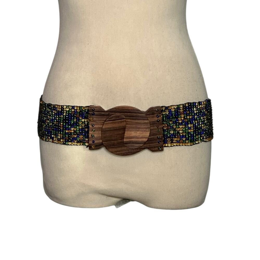 Yellow green & blue beaded with wooden buckle boho belt size M